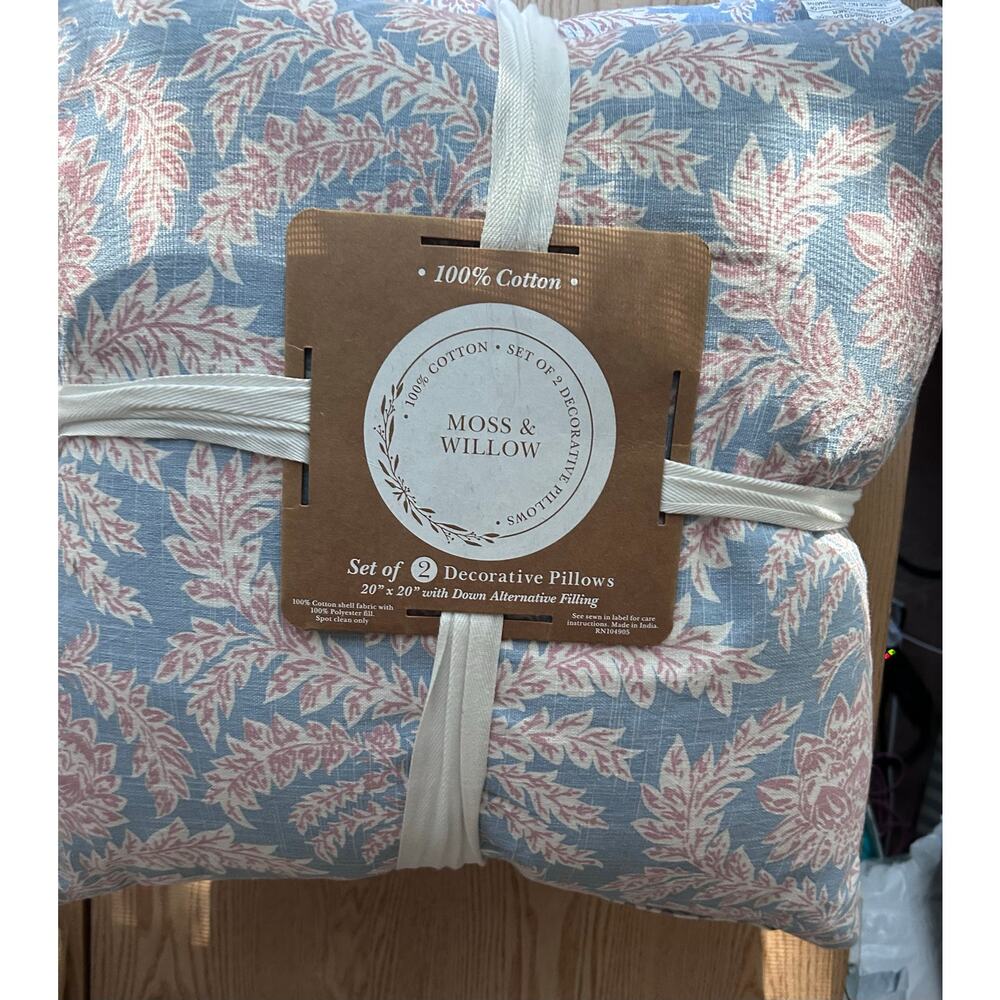 New Bundle of 2 Moss & Willow Light Blue/Pink Cotton Pillows 20”x20” - Picture 5 of 12